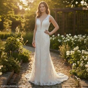 Lulu’s Romantic Plunging Lace Wedding Dress Sz M White Boho Gown Bridal Modern